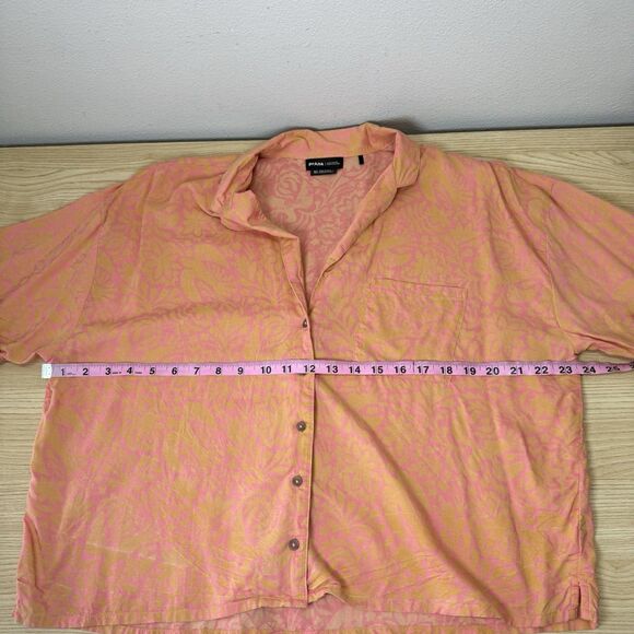 Prana Iguala Camp Shirt Womens Size XL Rayon Flowy Cropped Orange Tropical - Picture 7 of 11